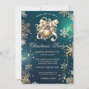 Gold Snowflakes, Christmas Ball Bow Green Company Invitation