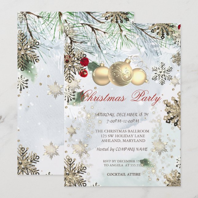 Gold Snowflakes,Christmas Balls Branches Chistmas Invitation (Front/Back)