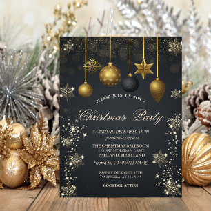 Gold Snowflakes,Christmas Balls Dark Company Party Invitation