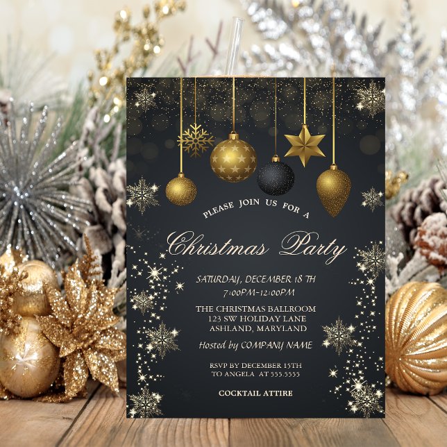 Gold Snowflakes,Christmas Balls Dark Company Party Invitation (Creator Uploaded)