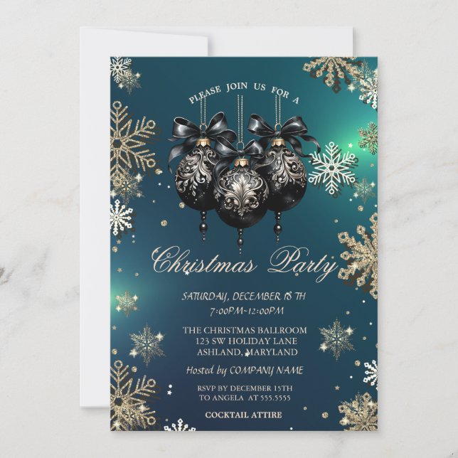 Gold Snowflakes,Christmas Balls,Green Company Invitation (Front)