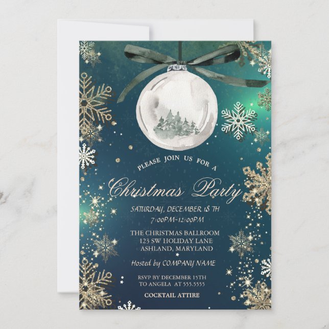 Gold Snowflakes,Christmas Balls,Tree Company Party Invitation (Front)