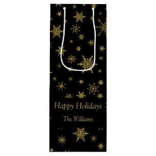 Gold Snowflakes Christmas Black Personalised  Wine Gift Bag