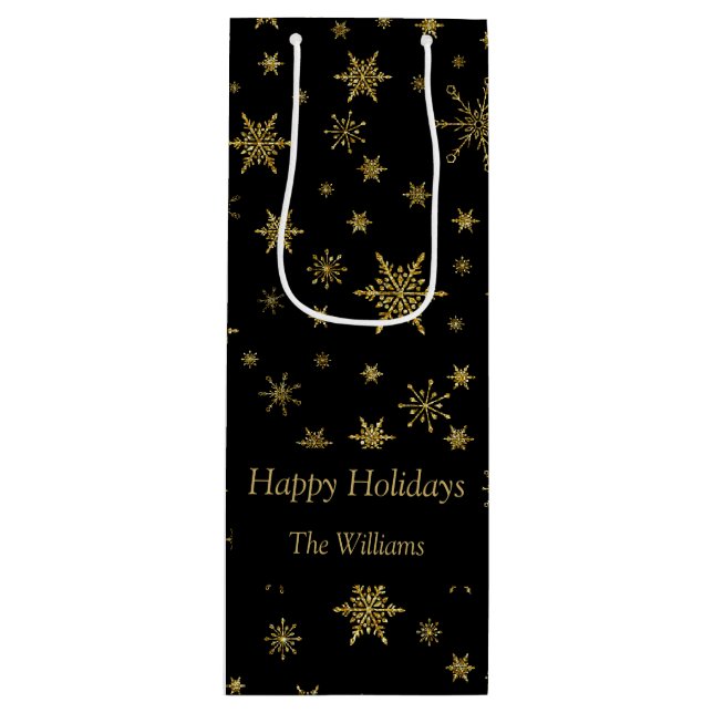 Gold Snowflakes Christmas Black Personalised  Wine Gift Bag (Front)