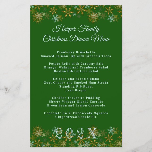 Gold Snowflakes Christmas Dinner Menu Template (Front)