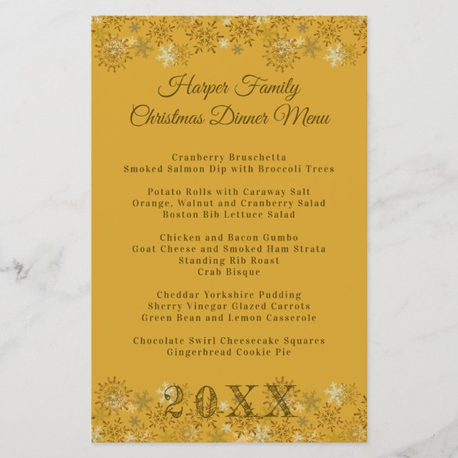 Gold Snowflakes Christmas Dinner Menu Template (Front)