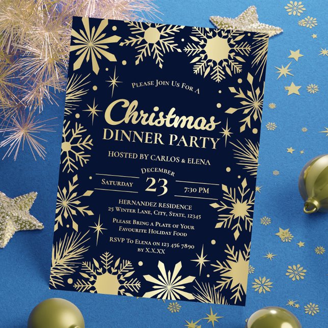 Gold Snowflakes Christmas Dinner Party Navy (Gold Snowflakes Christmas Dinner Party Navy Foil Invitation)