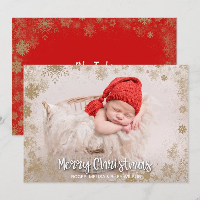 Gold Snowflakes Christmas Photo Birth Announcement (Front/Back)