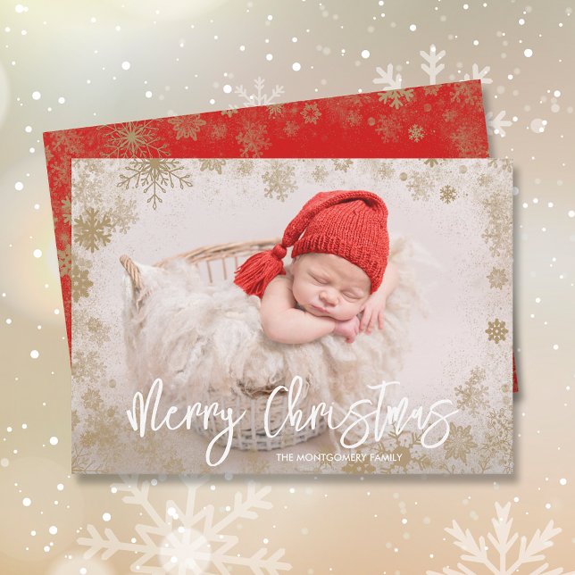 Gold Snowflakes Christmas Photo Birth Announcement (Creator Uploaded)