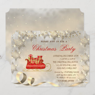Gold Snowflakes,Christmas Sleigh Party  Invitation