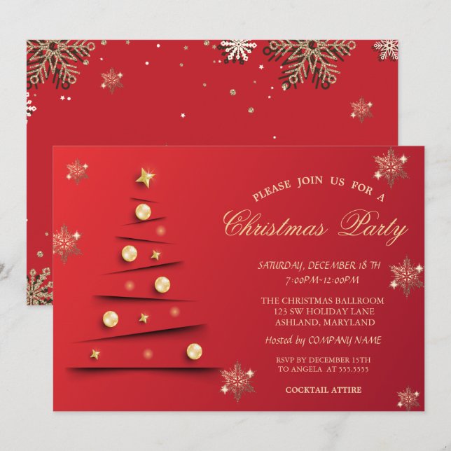 Gold Snowflakes,Christmas Tree Balls Company  Invitation (Front/Back)