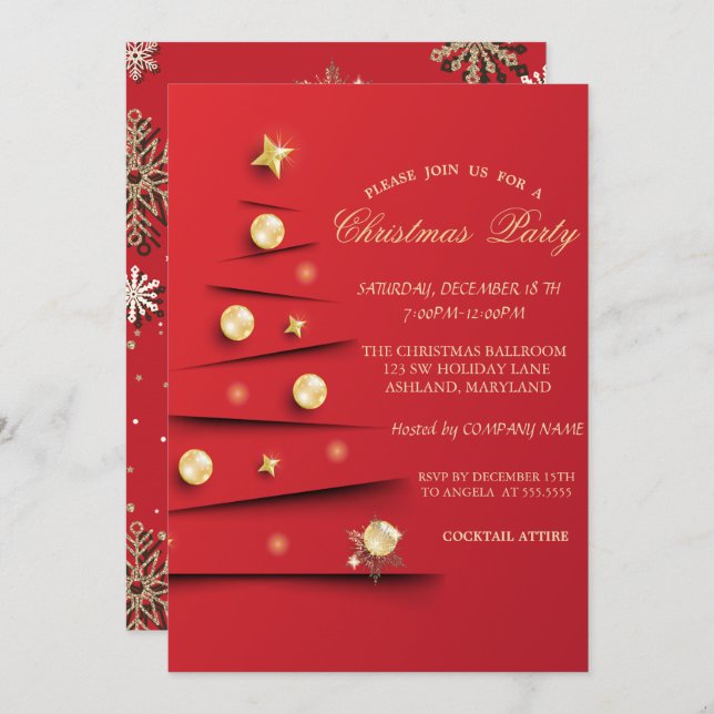 Gold Snowflakes,Christmas Tree Balls Red Company Invitation (Front/Back)