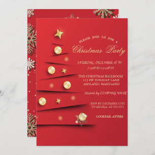 Gold Snowflakes,Christmas Tree Balls Red Company Invitation