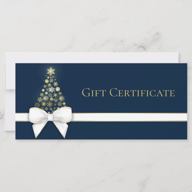 Gold Snowflakes Christmas Tree Bow Blue Gift Card (Front)