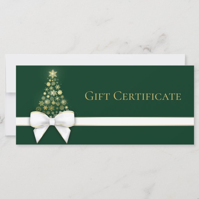 Gold Snowflakes Christmas Tree Bow Green Gift Card (Front)