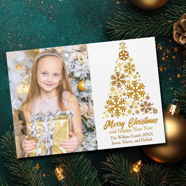 Gold Snowflakes Christmas Tree Photo Magnetic Card (Creator Uploaded)