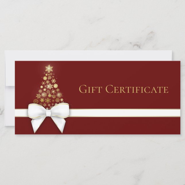 Gold Snowflakes Christmas Tree White Bow Gift Card (Front)