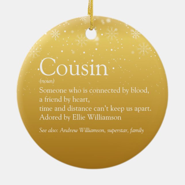 Gold Snowflakes Cousin Definition Holidays Ceramic Tree Decoration (Back)