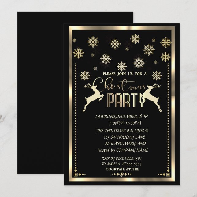 Gold Snowflakes,Deer Black Company Christmas Party Invitation (Front/Back)
