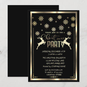 Gold Snowflakes,Deer Black Company Christmas Party Invitation