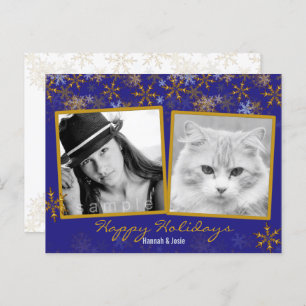 Gold Snowflakes Double Photo Christmas Postcard