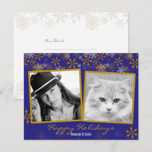 Gold Snowflakes Double Photo Christmas Postcard