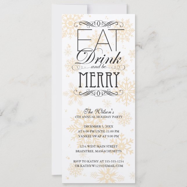 Gold Snowflakes - Eat Drink And Be Merry Invitation (Front)