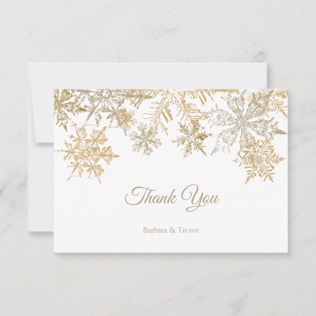 Gold Snowflakes Elegant Christmas Theme Wedding Thank You Card (Front)