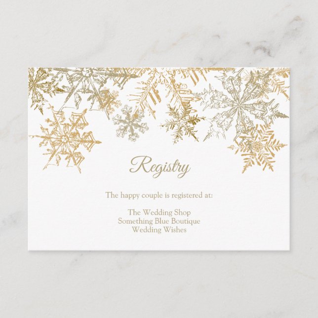 Gold Snowflakes Elegant Winter Wedding Registry Enclosure Card (Front)