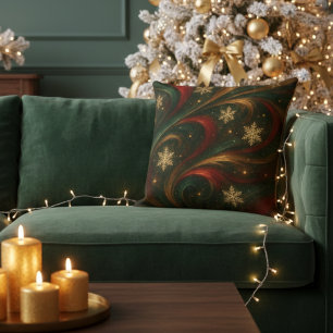 Gold Snowflakes Emerald Red Gold Holiday Cushion