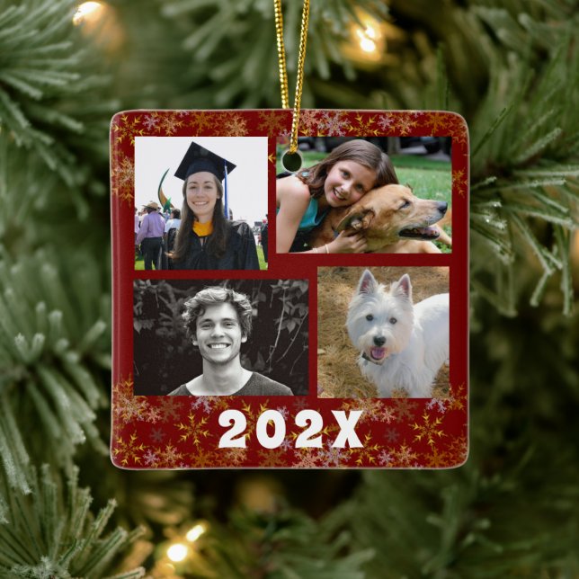 Gold Snowflakes Family Photo Collage Dated Ceramic Ornament (Tree)