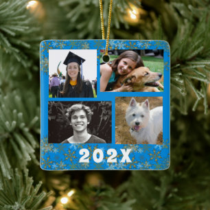 Gold Snowflakes Family Photo Collage Dated Ceramic Ornament
