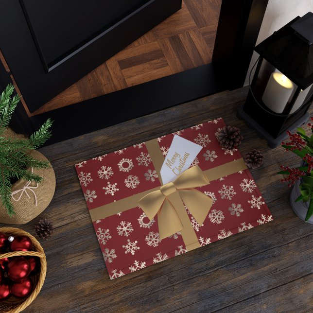 Gold Snowflakes Faux Bow Red Christmas Doormat (Merry Christmas! Add this festive doormat to your holiday doorway)