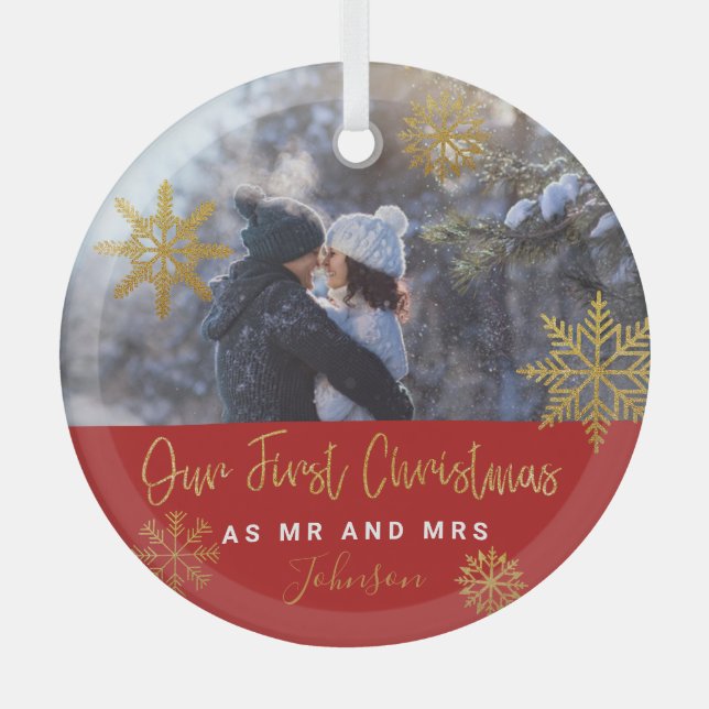 Gold Snowflakes First Christmas Mr Mrs Photo Glass Tree Decoration (Front)
