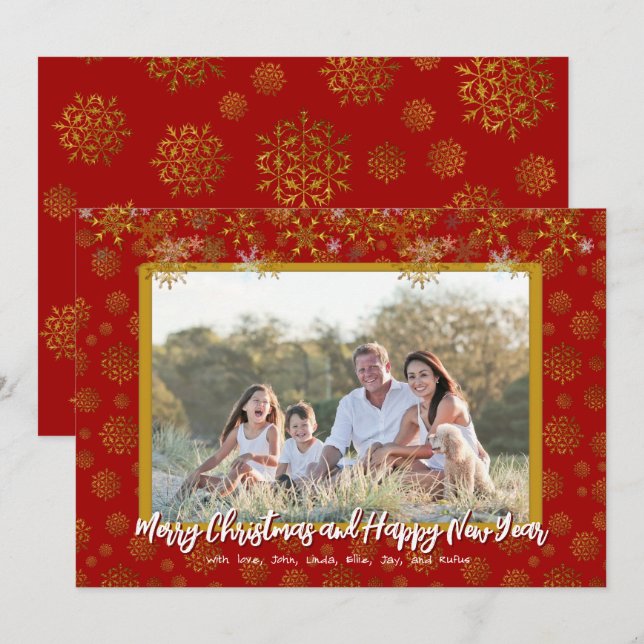 Gold Snowflakes Flat Christmas Family Photo Cards (Front/Back)