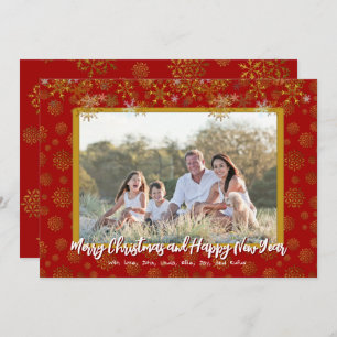 Gold Snowflakes Flat Christmas Family Photo Cards