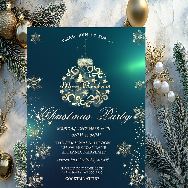 Gold Snowflakes,Gold Christmas Ball Green Company  Invitation (Creator Uploaded)