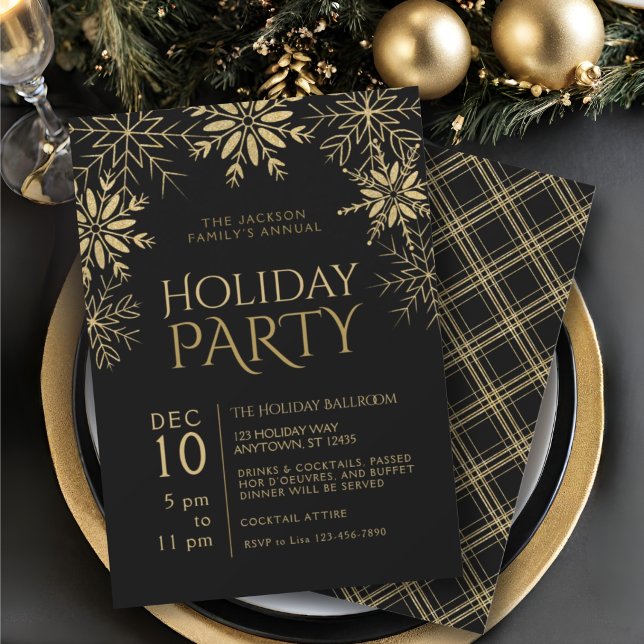 Gold Snowflakes Gold Plaid & Black Holiday Glam Invitation (Creator Uploaded)
