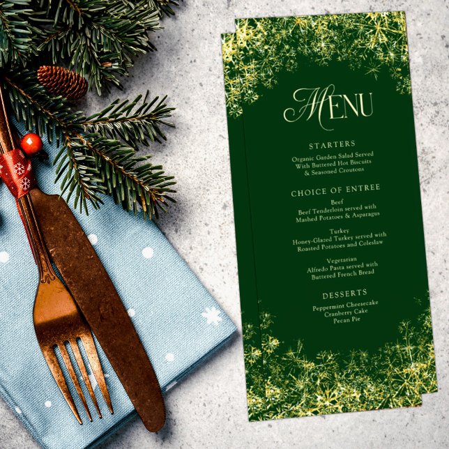 Gold Snowflakes Green Christmas Holiday Dinner Menu (Creator Uploaded)