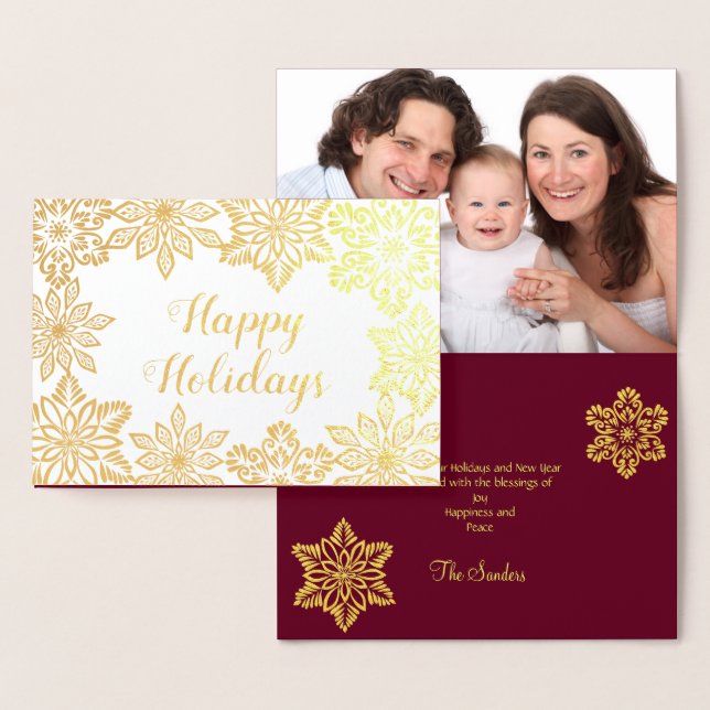 Gold Snowflakes Happy Holidays Photo Christmas Foil Card (Display)