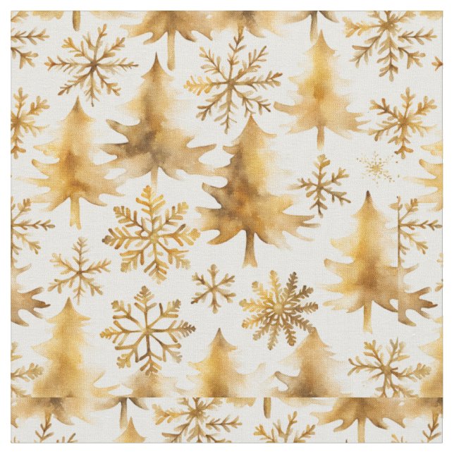 Gold Snowflakes & Holiday Trees  Fabric (Close Up)