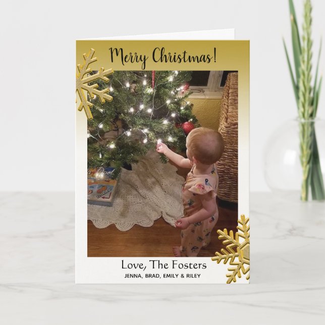 Gold Snowflakes Merry Christmas Family Photo Card (Front)