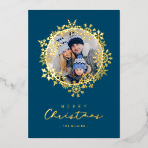 Gold Snowflakes Merry Christmas Round Family Photo Foil Holiday Card