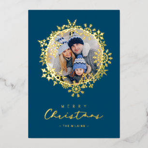 Gold Snowflakes Merry Christmas Round Family Photo Foil Holiday Card