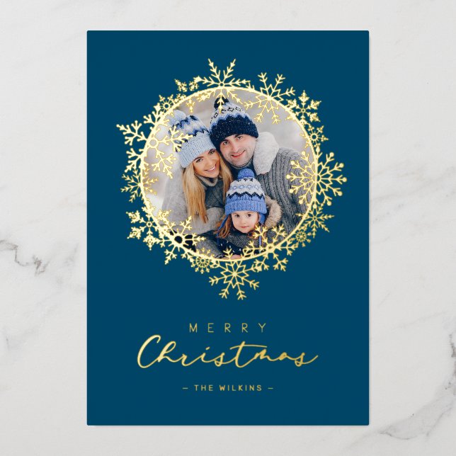 Gold Snowflakes Merry Christmas Round Family Photo Foil Holiday Card (Front)