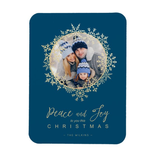 Gold Snowflakes Merry Christmas Round Family Photo Magnet (Vertical)