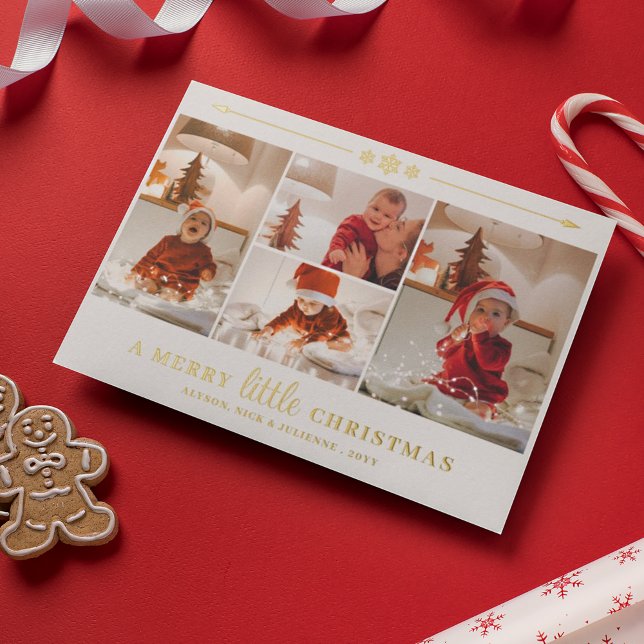 Gold Snowflakes Merry Little Christmas 4 Photos Foil Holiday Card (Creator Uploaded)