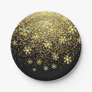 Gold Snowflakes on Black New Year's Eve Party Paper Plate