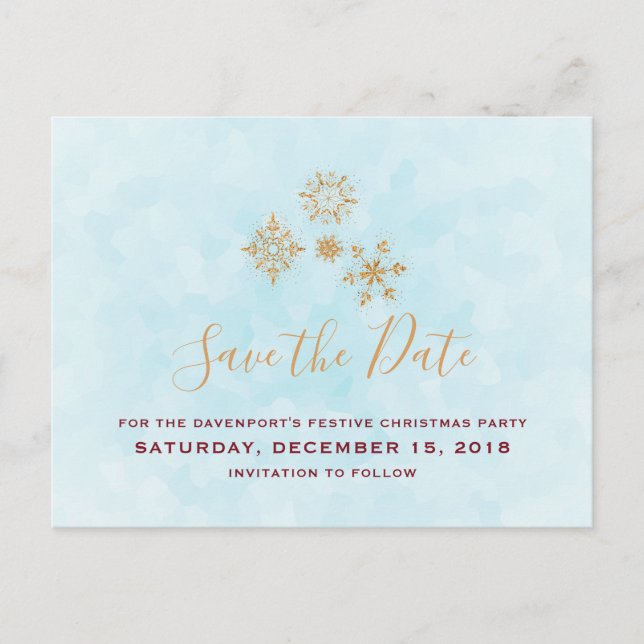 Gold Snowflakes on Blue Frost Save The Date Postcard (Front)