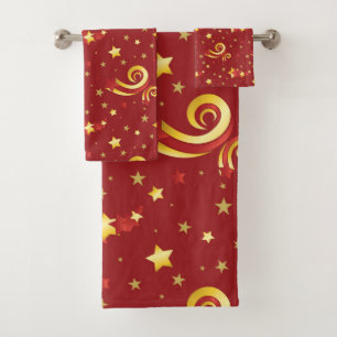 Gold Snowflakes on Christmas Red Bath Towel Set